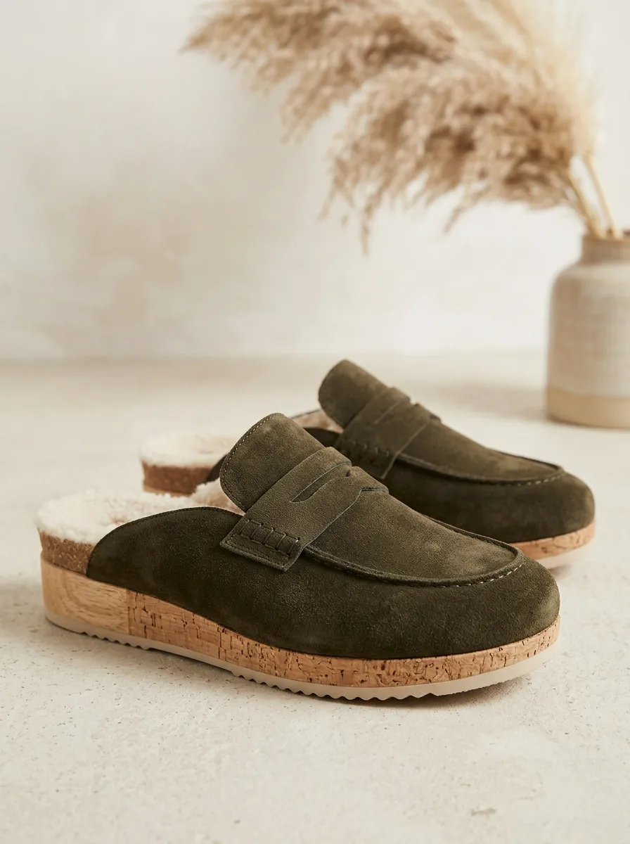 Women's Rugged Faux Fur Lined Suede Wood Sole Loafers