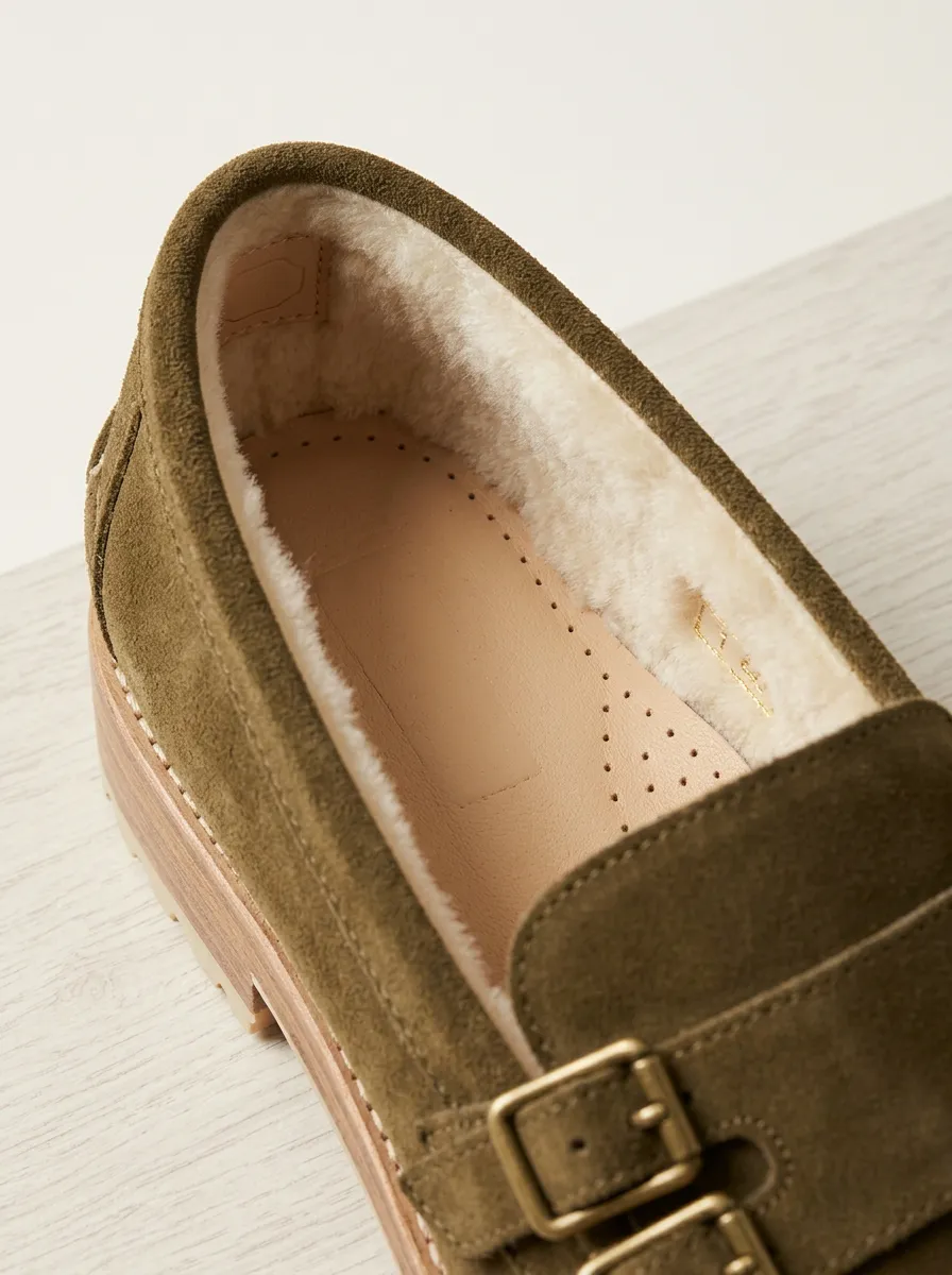 Women's Faux Fur Lined Buckle Detail Suede Wood Sole Loafers