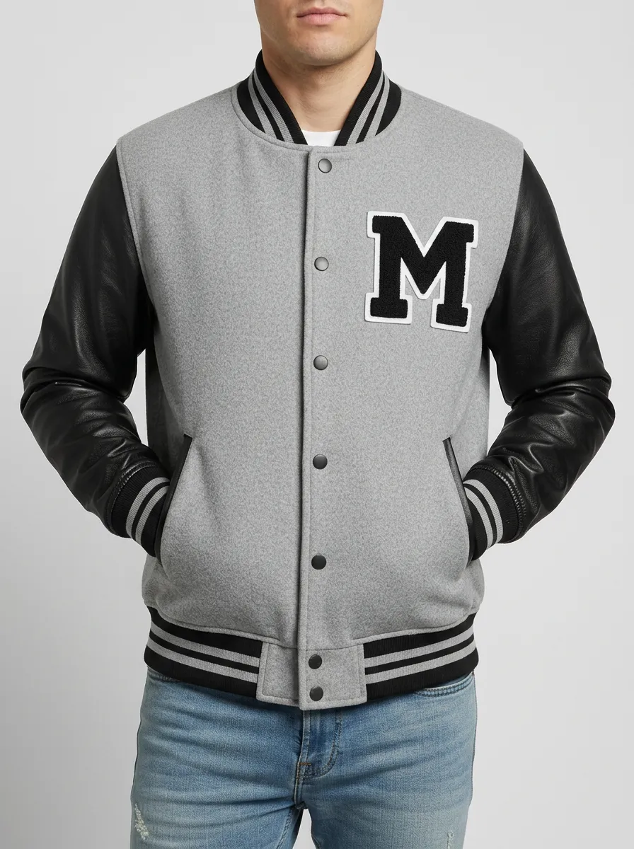 Men's Letter M Leather-Sleeve Wool Baseball Jacket