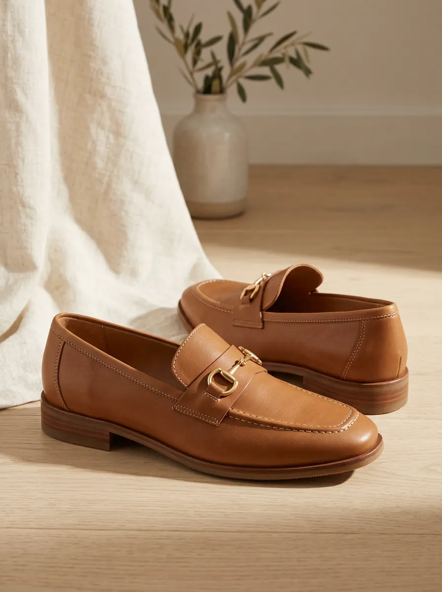 Unisex Classic Tan Leather Gold Horsebit Printed Loafers