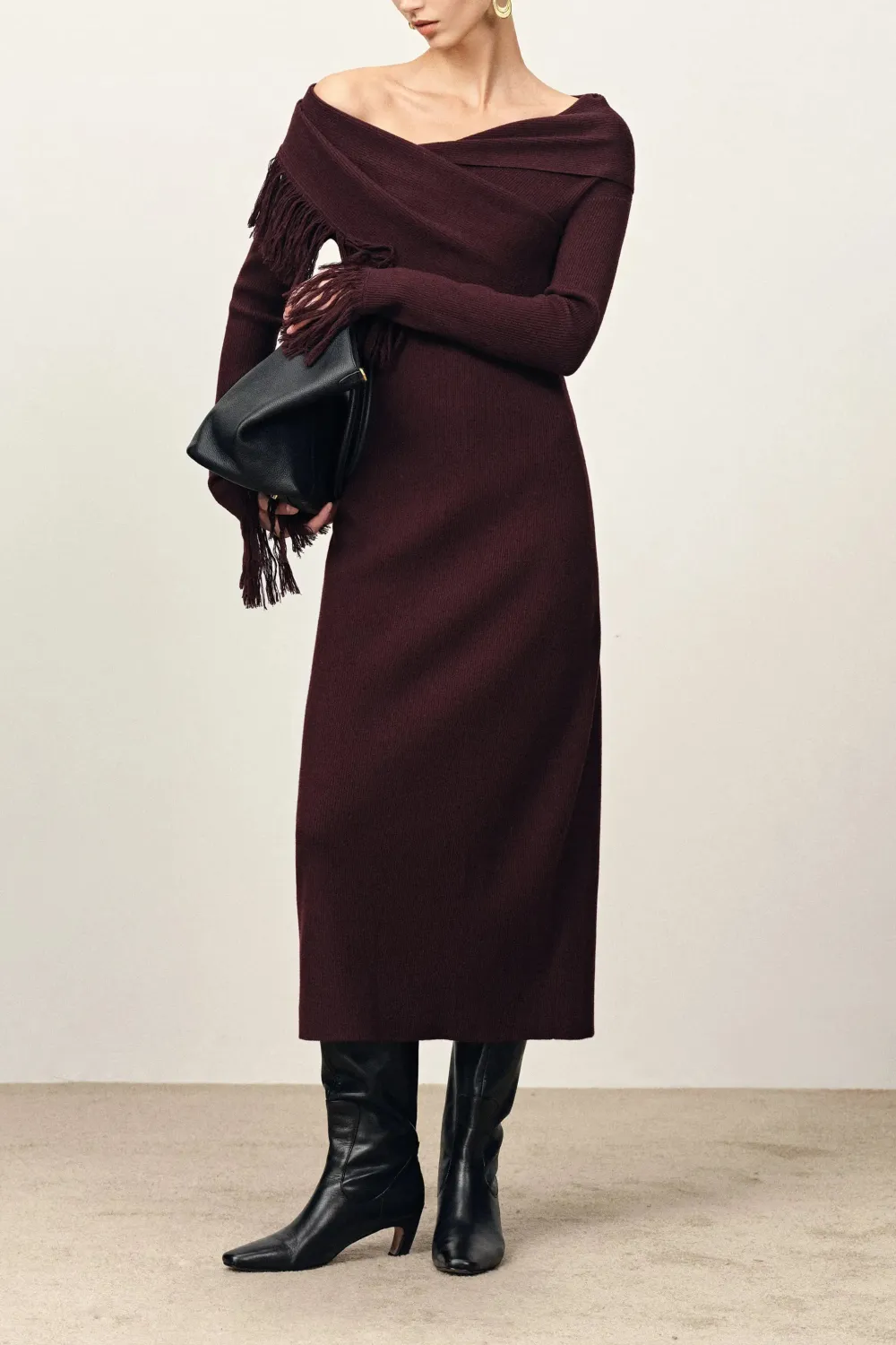 One Shoulder Asymmetric Fringed Merino Wool Midi Dress