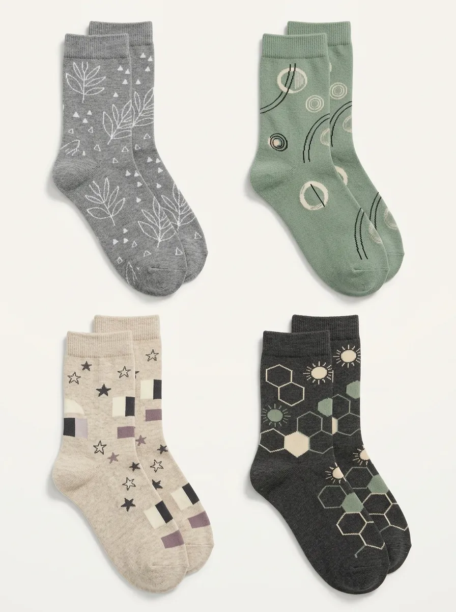 Women's Honeycomb Celestial Geometric Crew Socks Four Pair Set