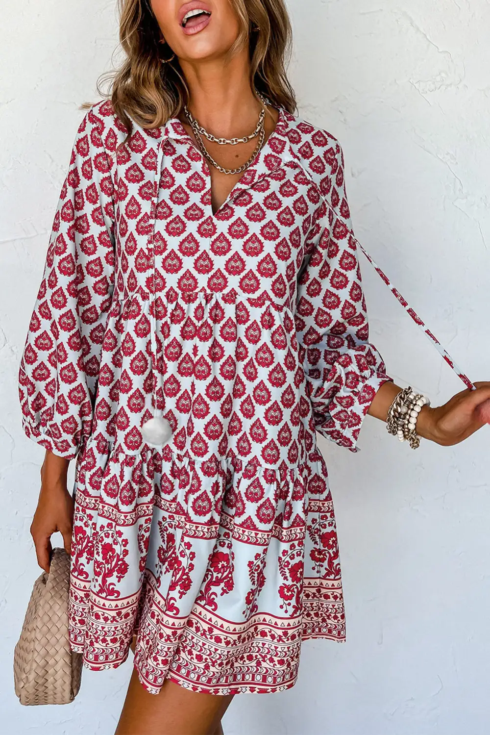 Boho Tassel Tie Split Neck Puff Sleeve Mini Dress
