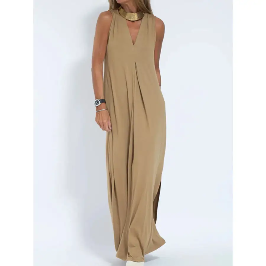 Full Size V Neck Sleeveless Maxi Dress with Slit Plus Size