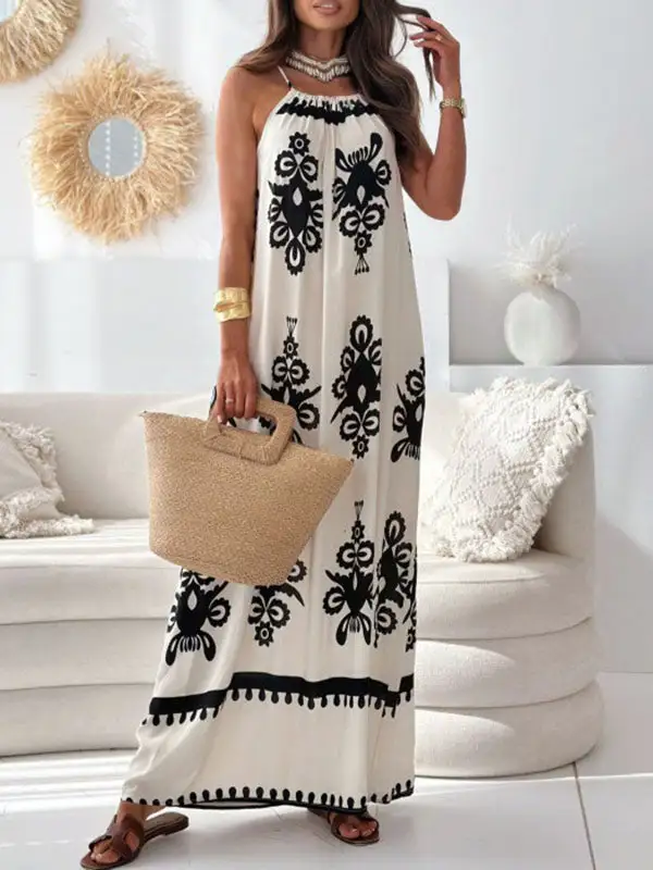 Loose Printed Sleeveless Neck Maxi Dress