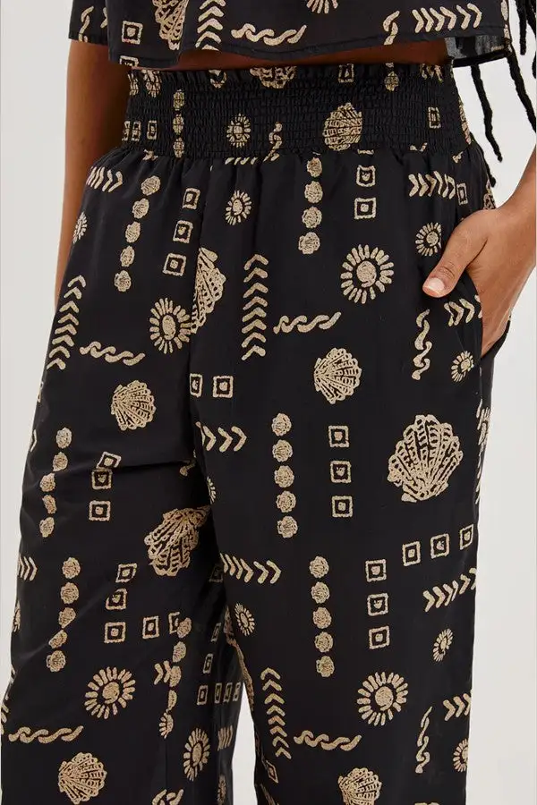 Bohemian Print Black Wide Leg Pants