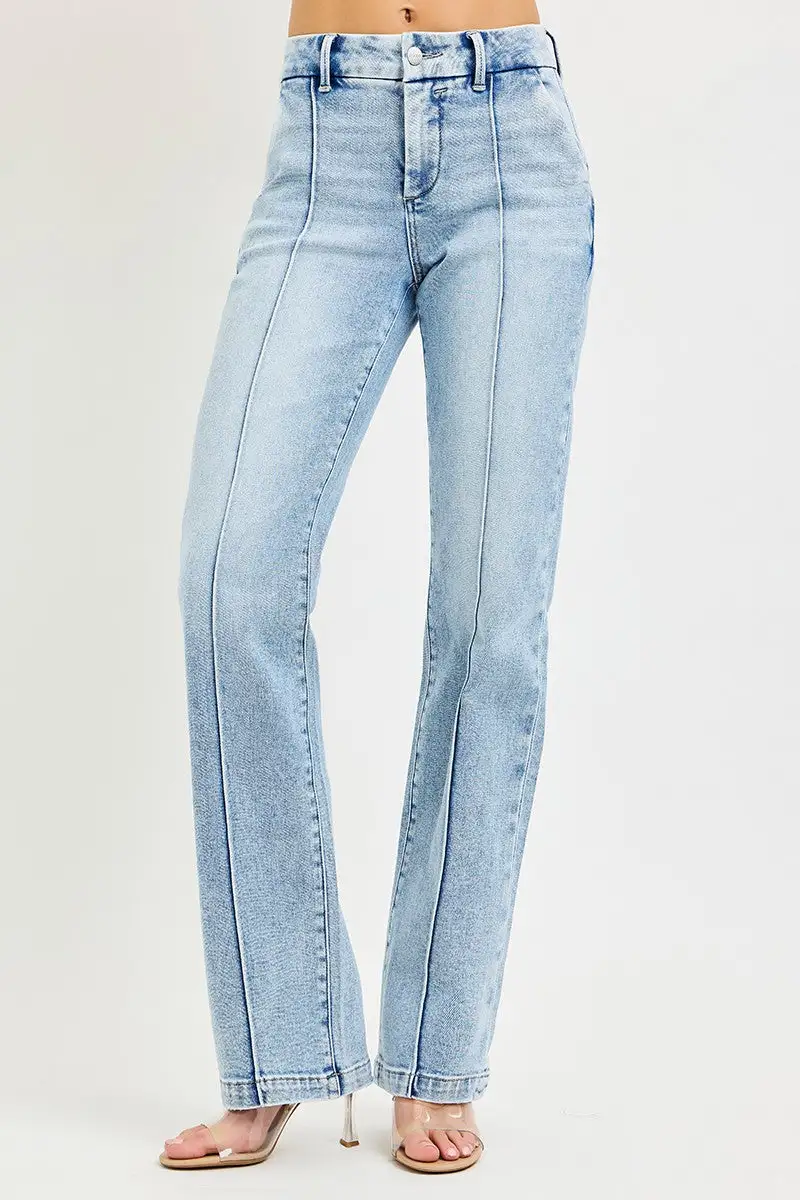 High Rise Pintuck Straight Leg Jeans