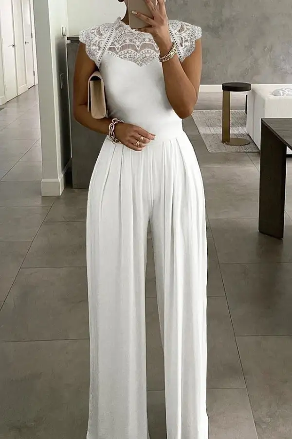 Lace Patchwork Wide-Leg Sleeveless Jumpsuit