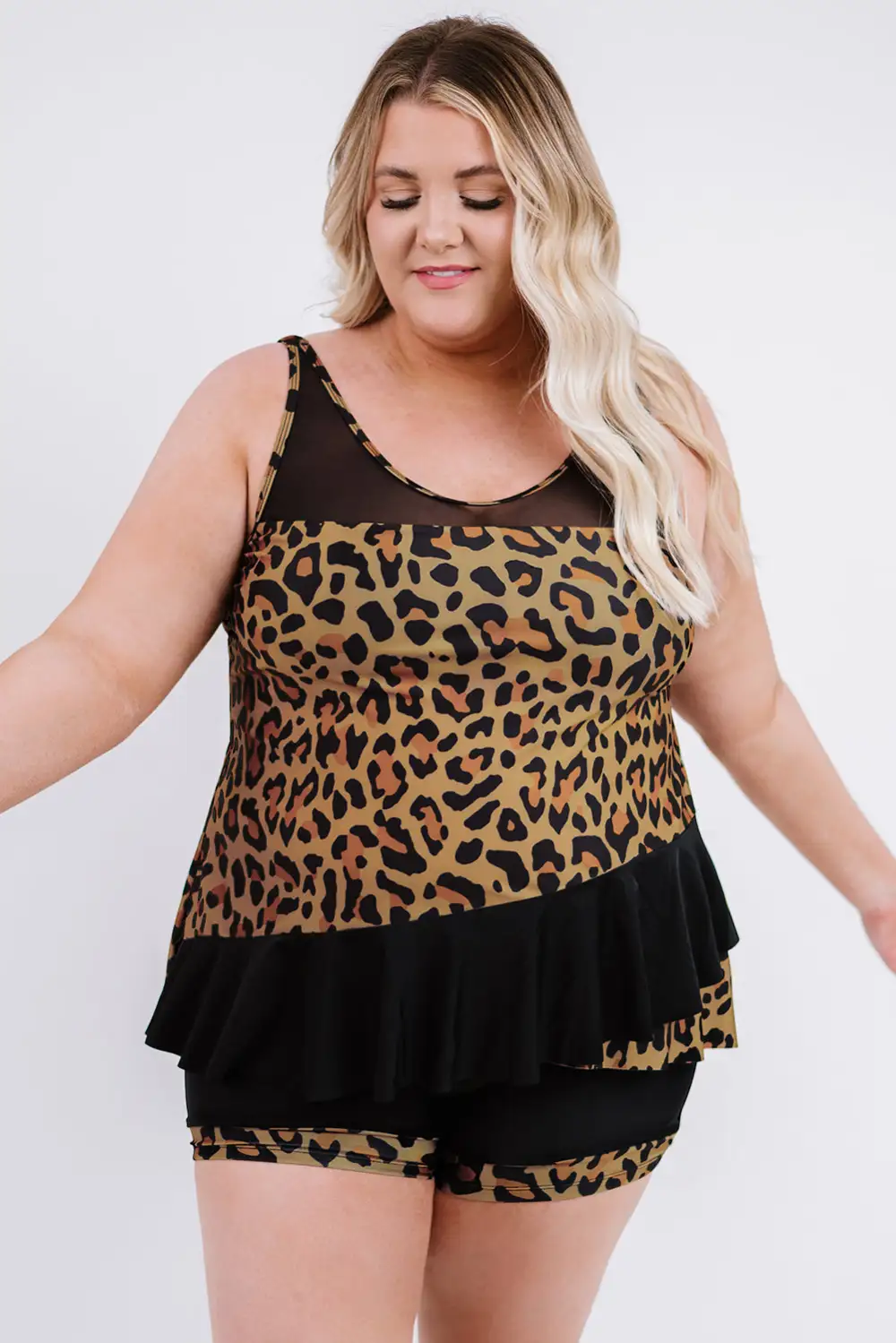 Swimwear Leopard Ruched Hem Plus Tankini Set