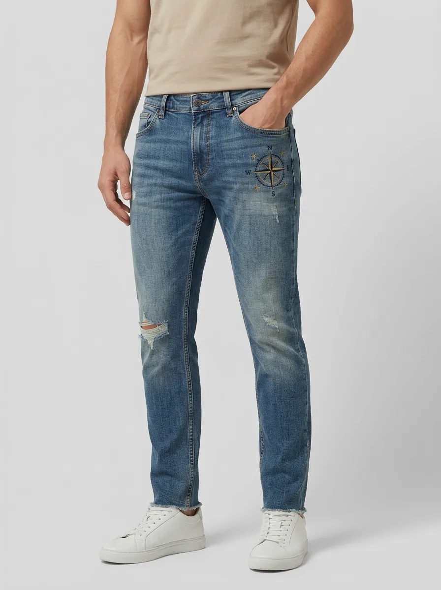 Men's Blue Travel Compass Embroidered Distressed Slim Fit Jeans