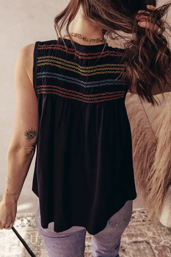 V-Neck Notched-Neck Shirred-Yoke Shirred  Tank Top
