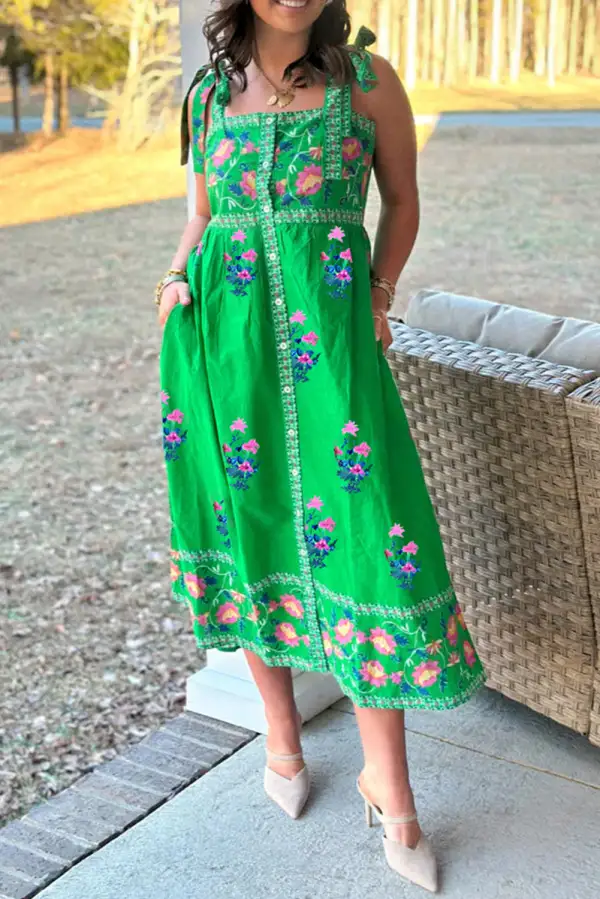 Print Contrast Trim Knotted Straps Midi Dress