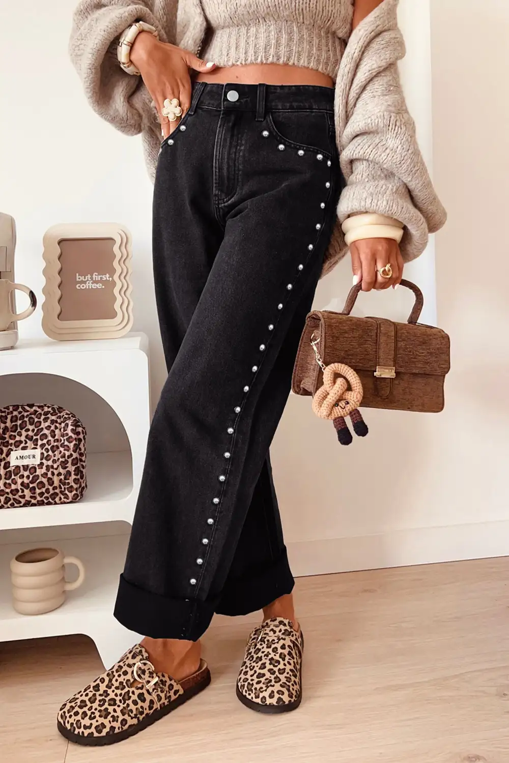 Women's Casual Loose Jeans With Studded Straight Leg Detail