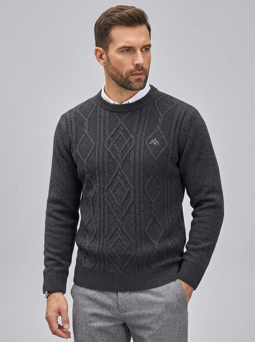 Men's Charcoal Grey Mountain Graphic Cable Knit Sweater