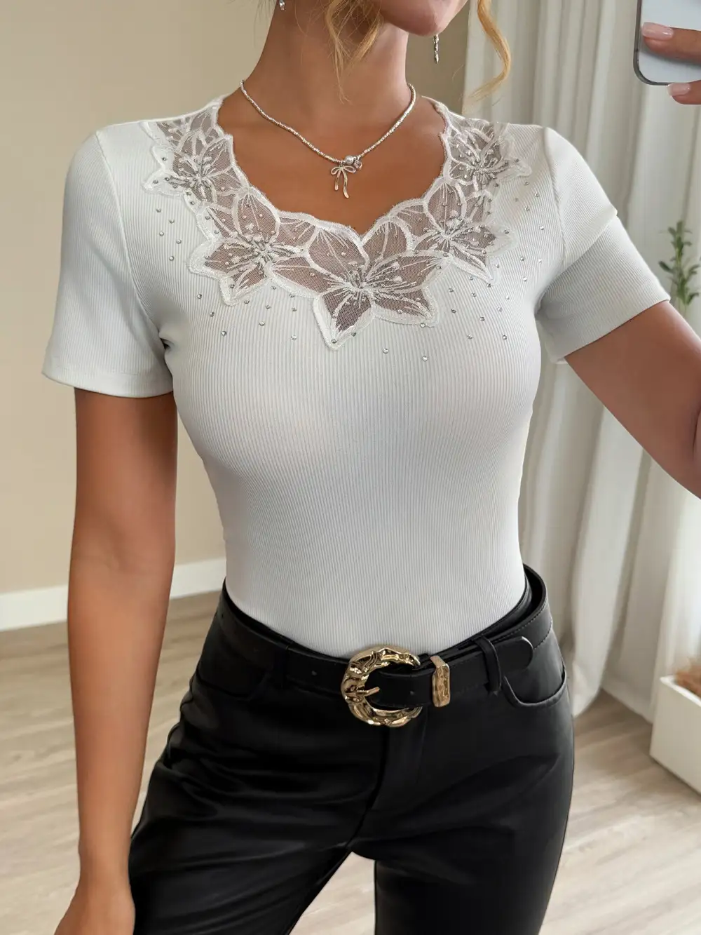 Rhinestone Patch Short Sleeve Blouse