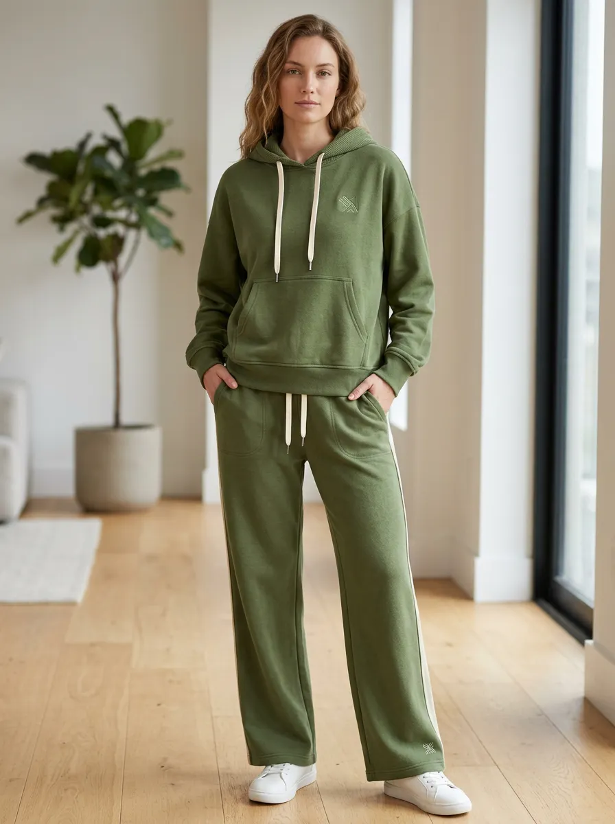 Women's Olive Green Waffle-Knit Hoodie and Track Pant Set