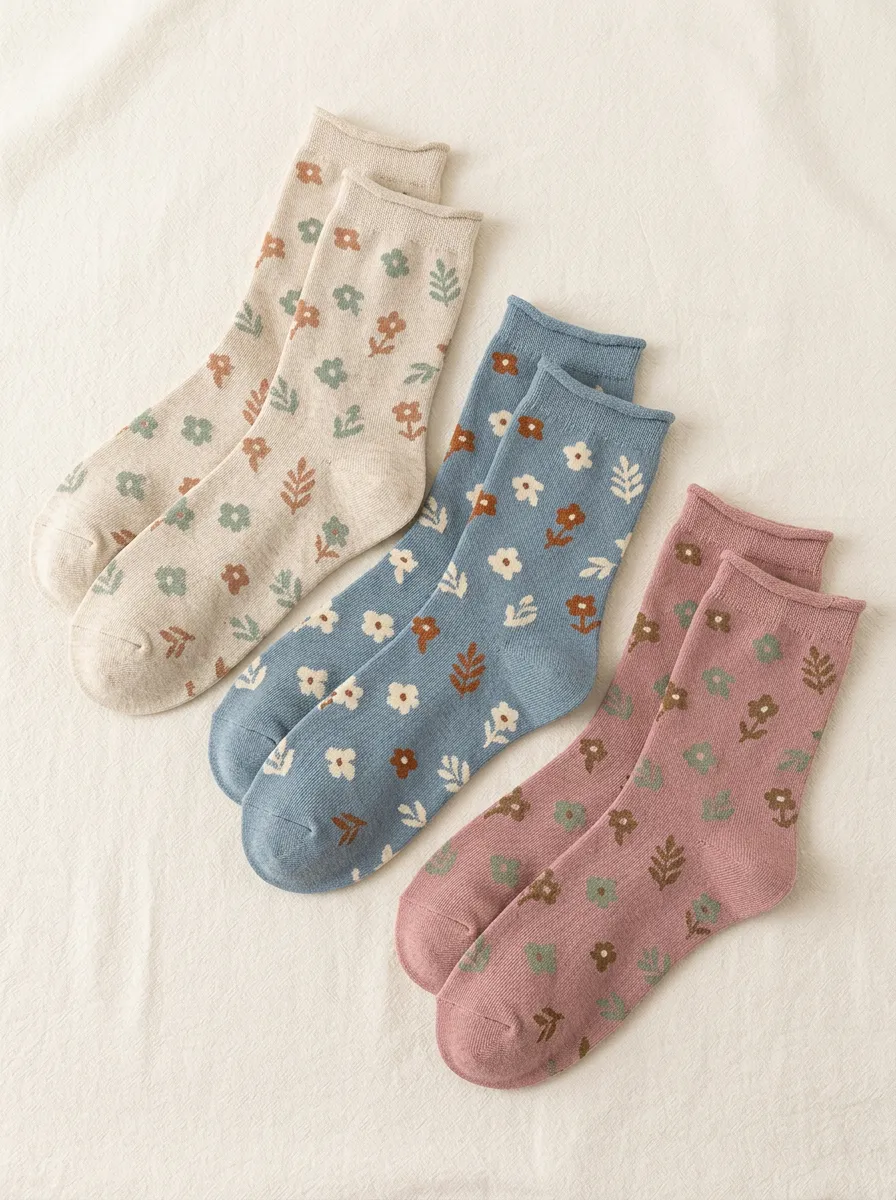 Women's Floral Leaf Crew Socks Three Pair Set