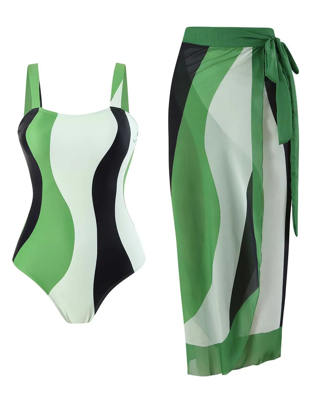 Striped Print One Piece Swimwear with Sarong
