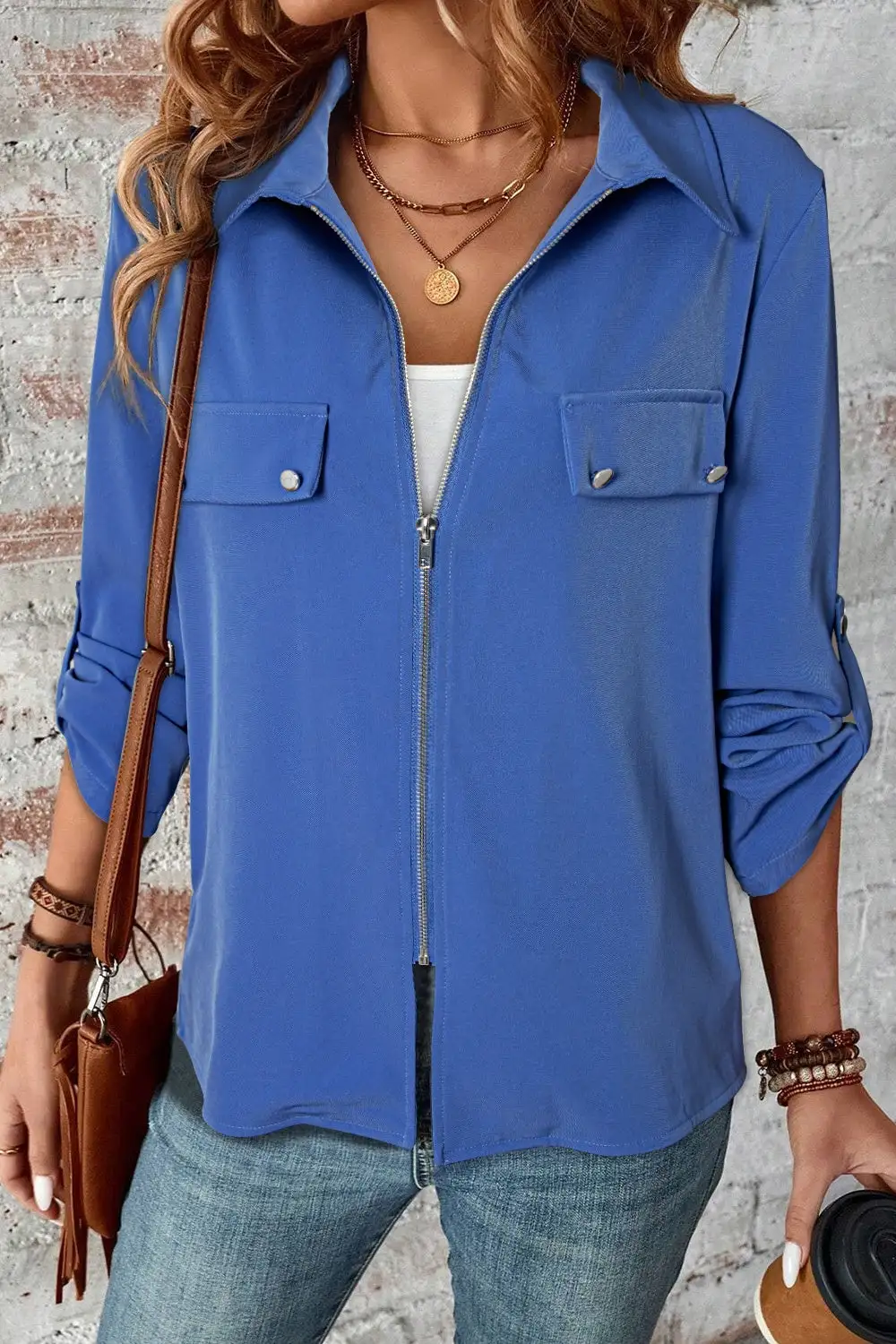 Zip-Up Collared Pocketed Jacket