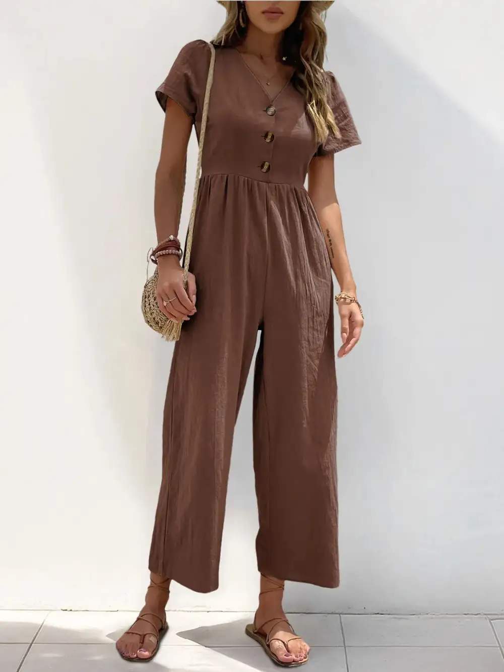 V Neck Short Sleeve Wide Leg Shorts