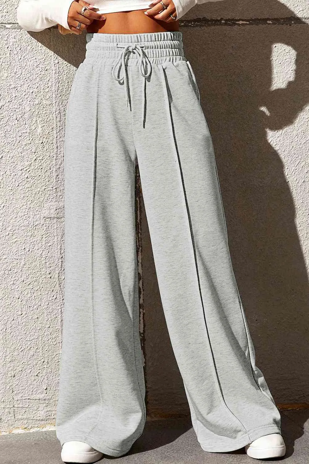 Polished Drawstring Wide Leg Pants With Pocket