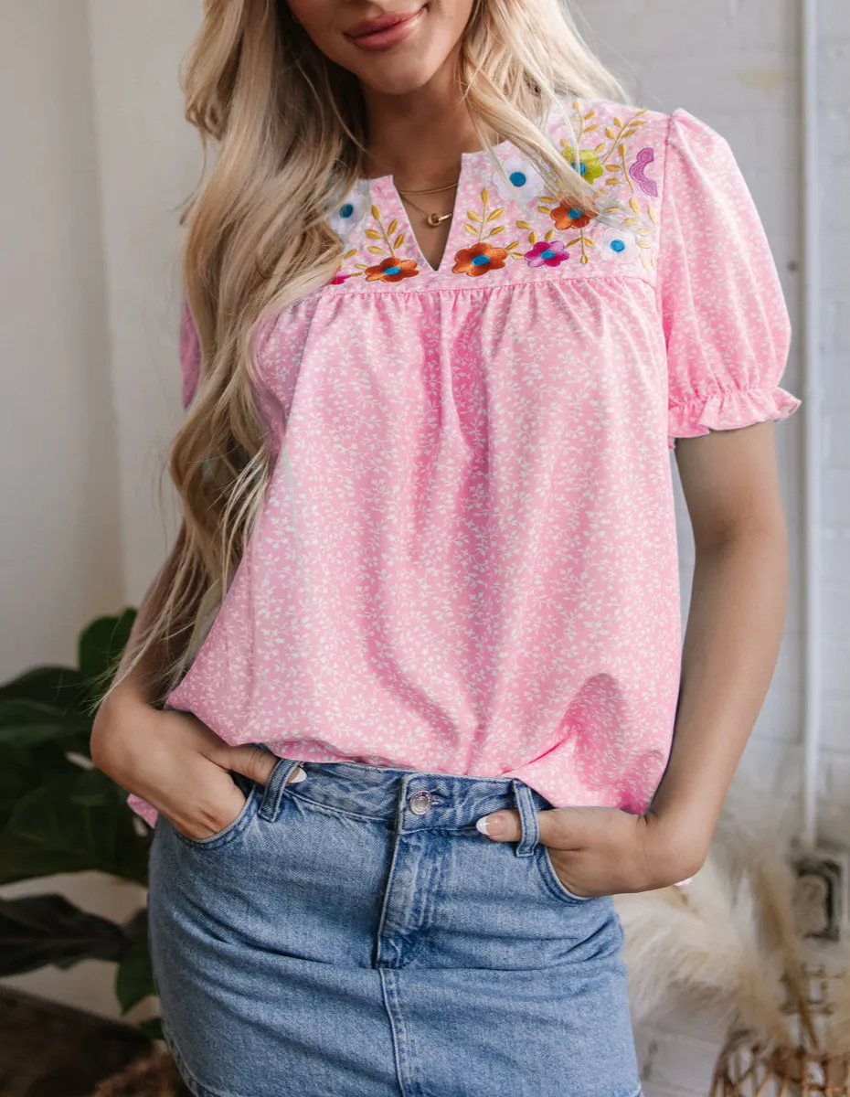 Women's Floral Print Embroidered Notched Neck Top