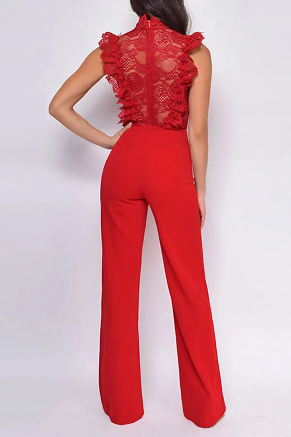 Lace Patchwork Ruffle Sheer Jumpsuit