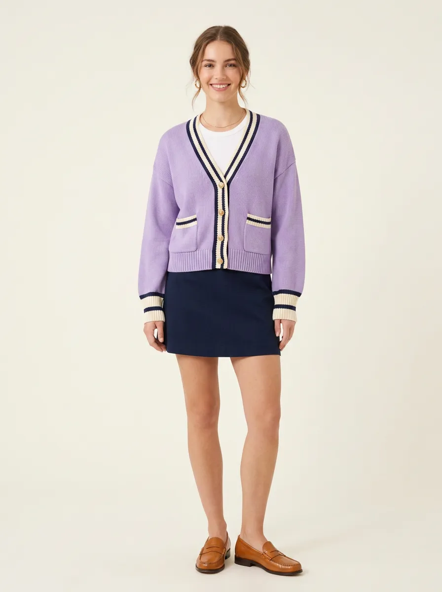 Women's Preppy Style Purple Striped Trim V-Neck Knitted Cardigan