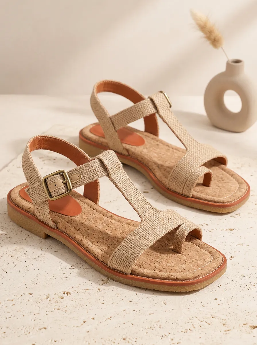 Women's Cork Detail Graphic Detail Flat Sandals