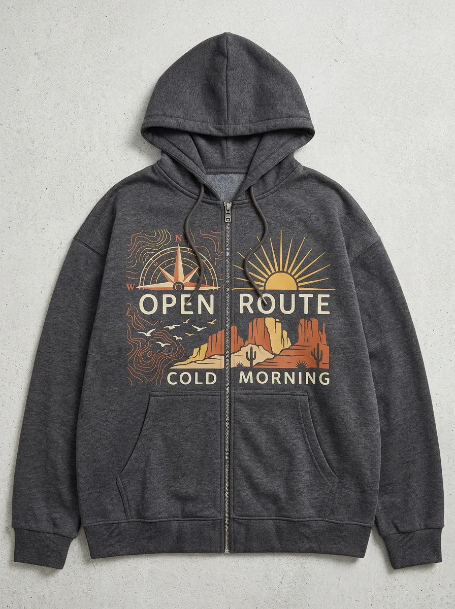 Unisex Adventure Lover Desert Compass Printed Zip Up Hoodie
