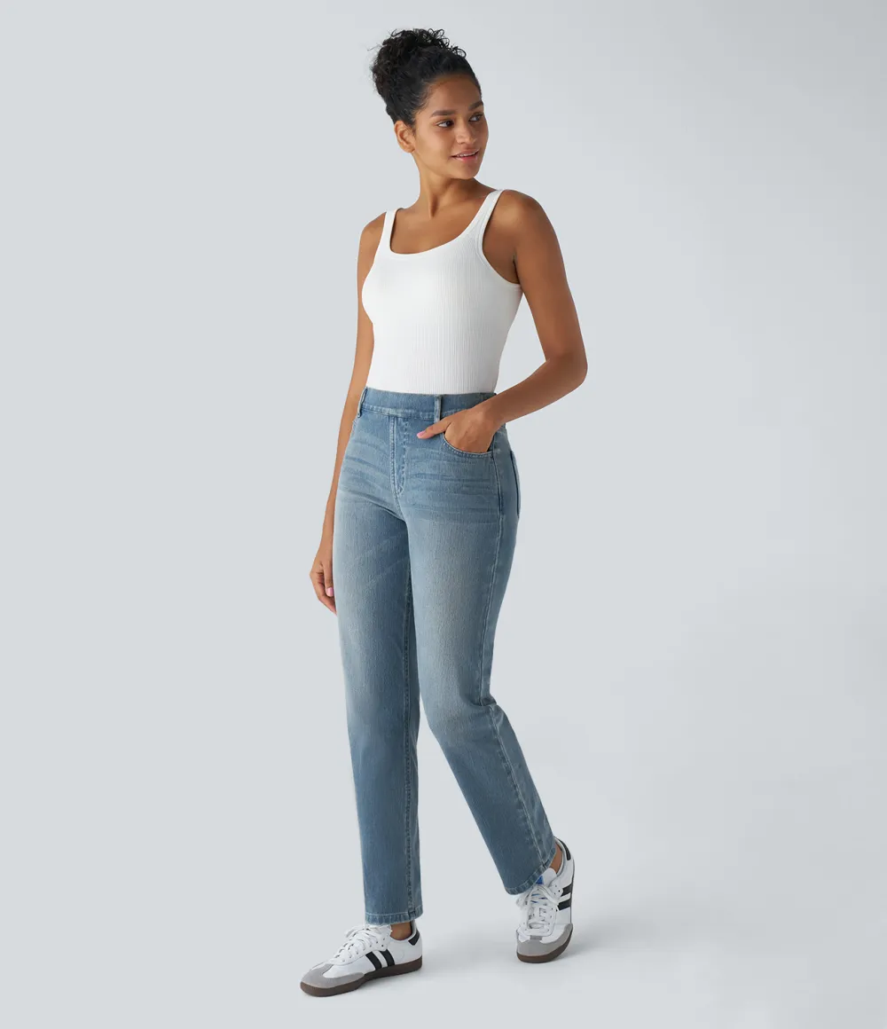 Magic High Waisted Multiple Pockets Straight Leg Washed Stretchy Knit Casual Jeans