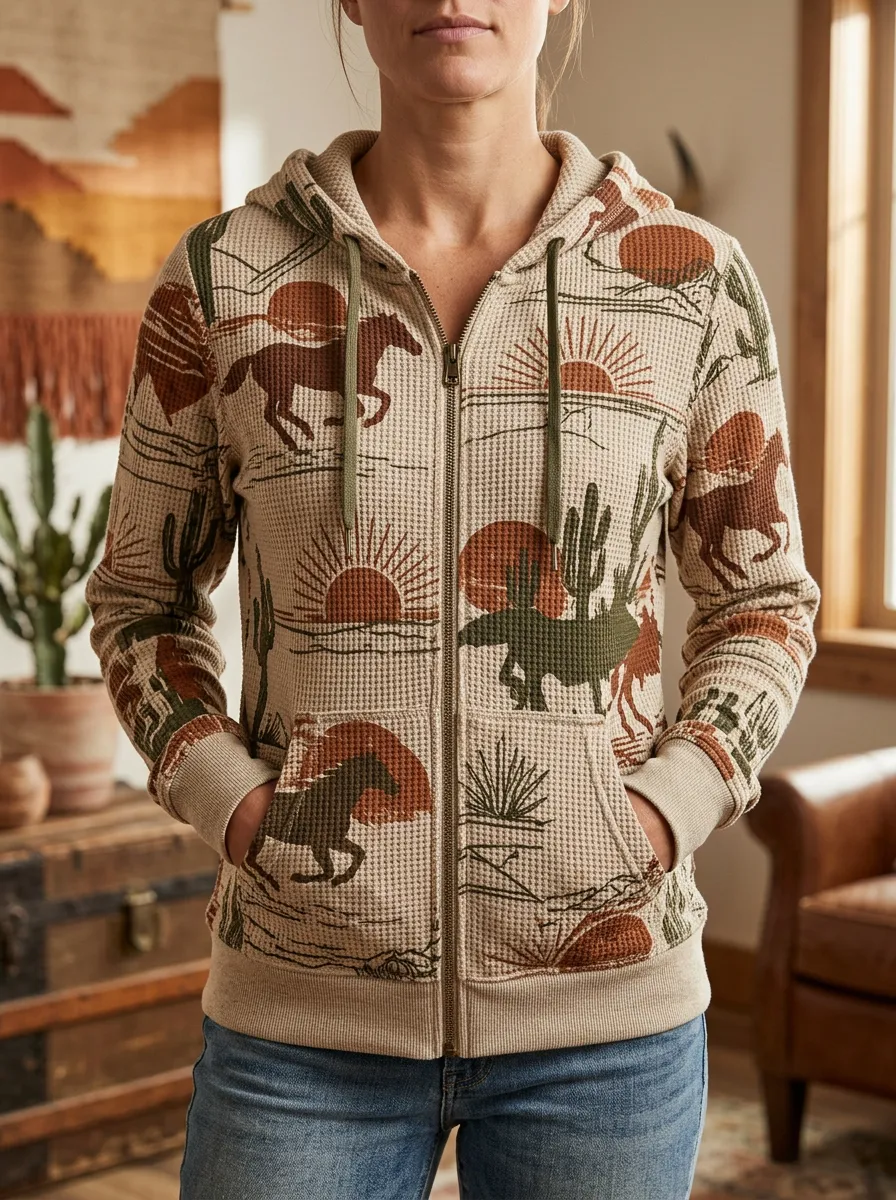Women's Western Horse Cactus Sunset Signature Motif Waffle Zip-Up Hoodie