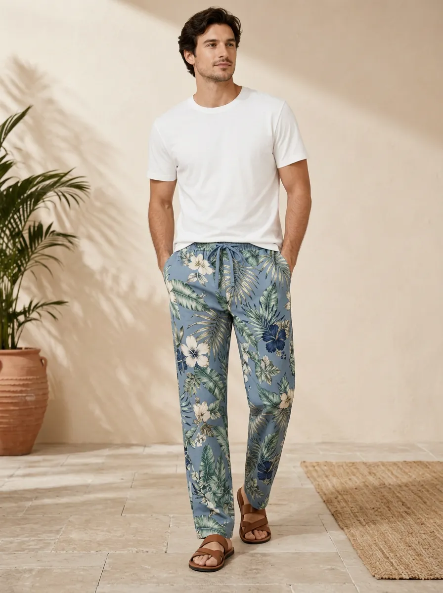 Men's Hibiscus Leaf Pattern Resort Inspired Pants