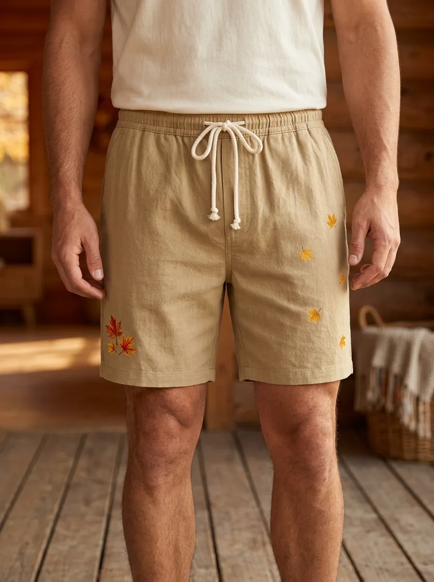 Embroidered Leaf Detail Drawstring Shorts