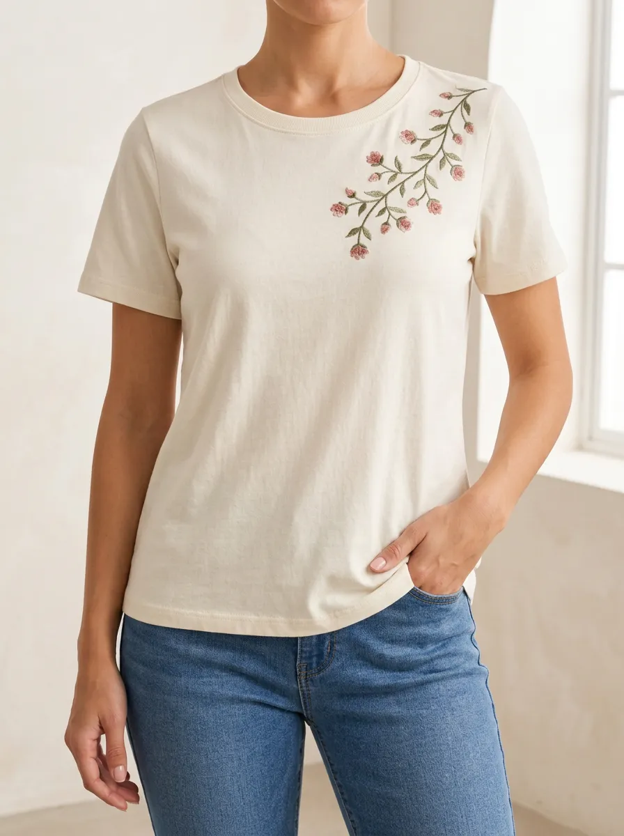 Casual Style Floral Print Embroidered Detail Women's Everyday Short Sleeve T Shirt