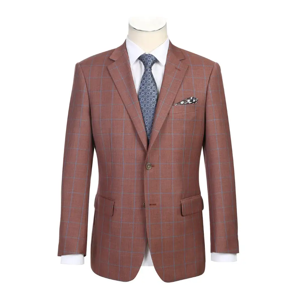 Brown Classic Fit Wool Plaid Single Breasted Two Button Blazer