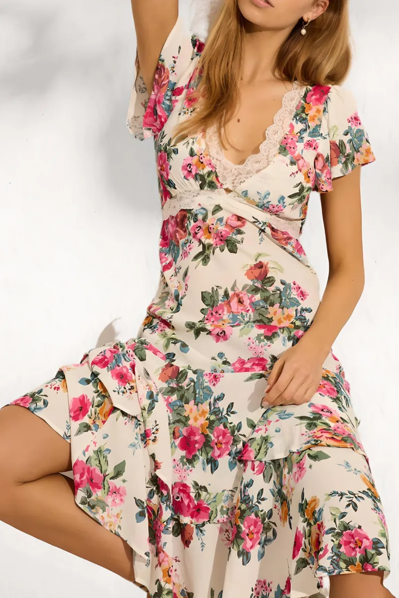White Printing Simple Temperament V-Neck Dress