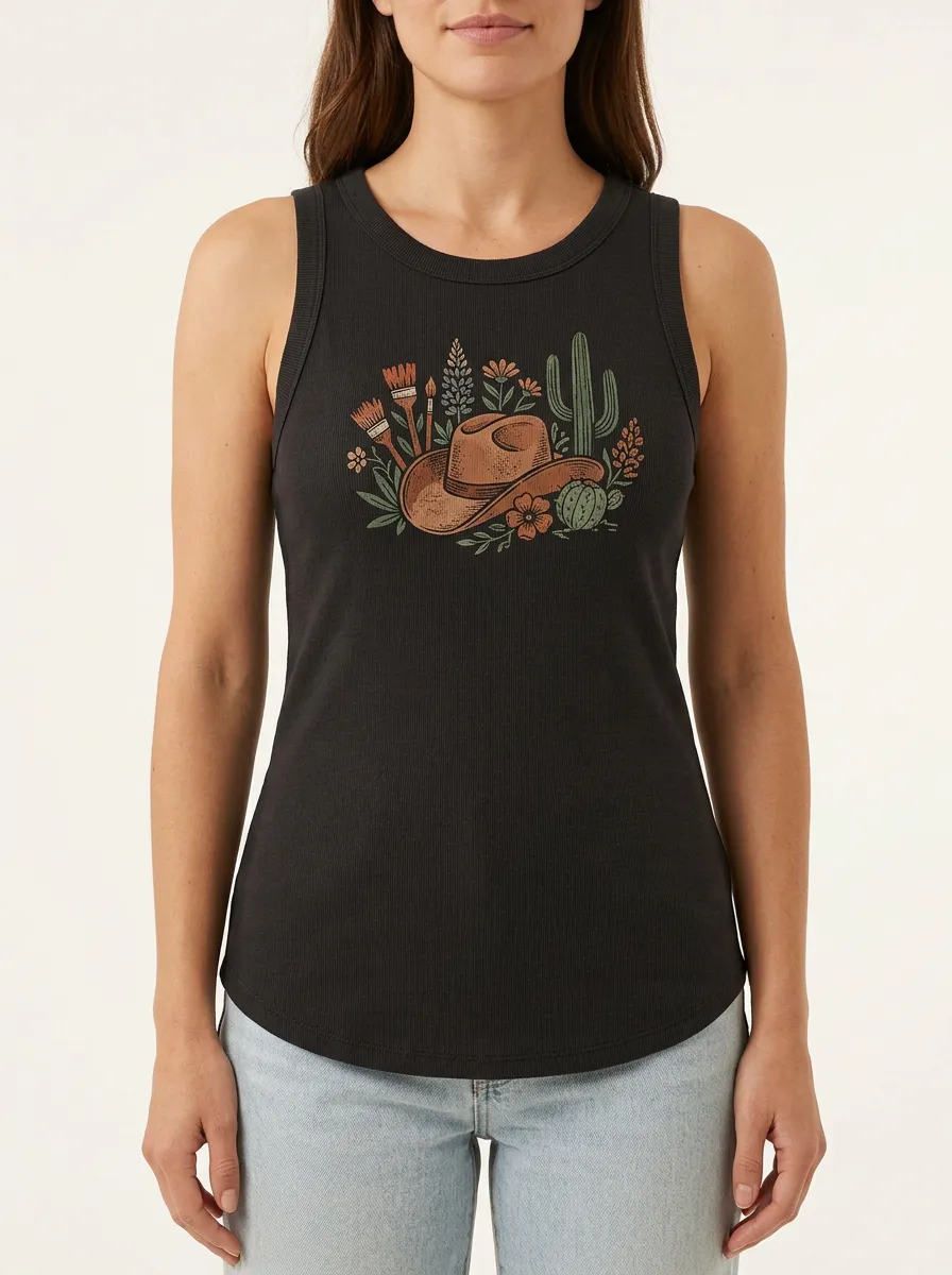 Cowboy-Hat Cactus Built-In Bra Tank Top