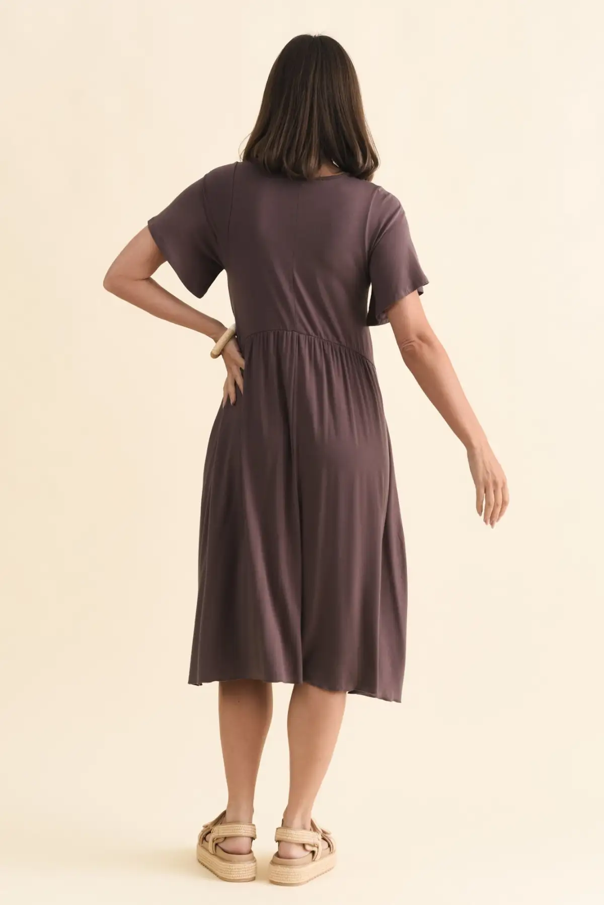 Viscose Gathered Pocket V-Neck Short-Sleeve A-Line Below-Knee Dress