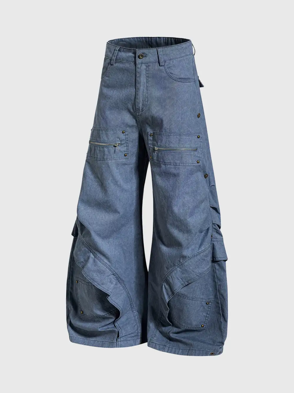 Curved-Cut Multi-Pocket Washed Jeans