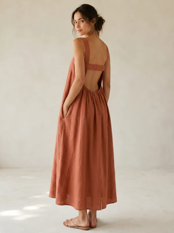 Women's Unstructured Casual Linen Maxi Backless Dress