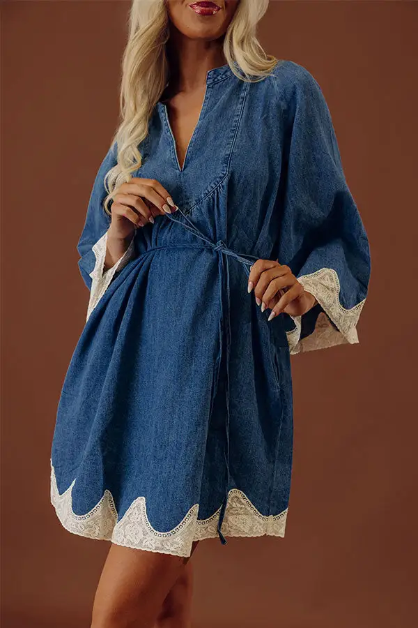 Lace-Trimmed V-Neck Three-Quarter Sleeve Relaxed Mini Dress