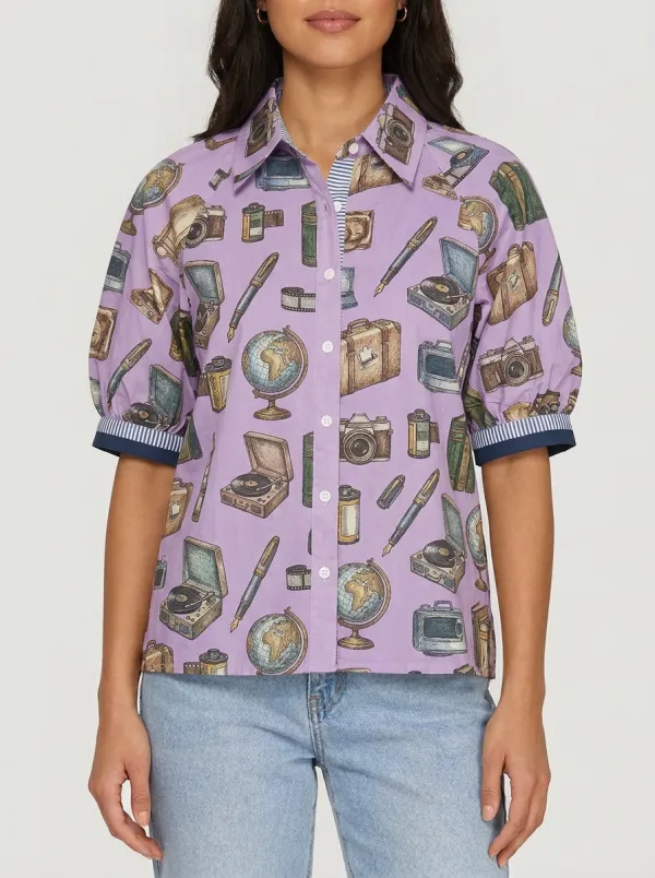 Women's Vintage Hobbyist Camera Globe Record Player Printed Shirt