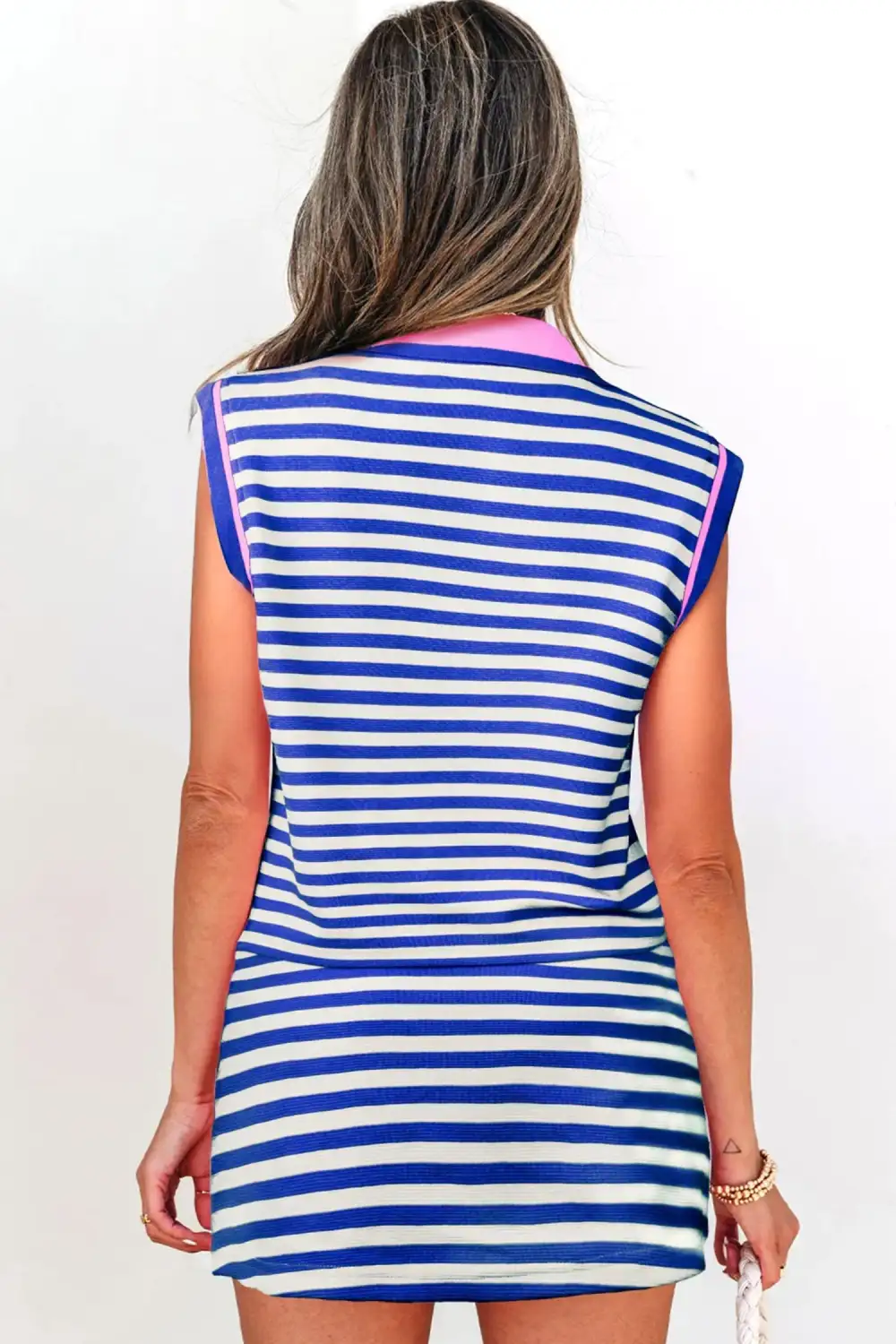 Women's Textured Stripe Print Contrast Trim Zip Collar Sleeveless Two Piece Skort Set