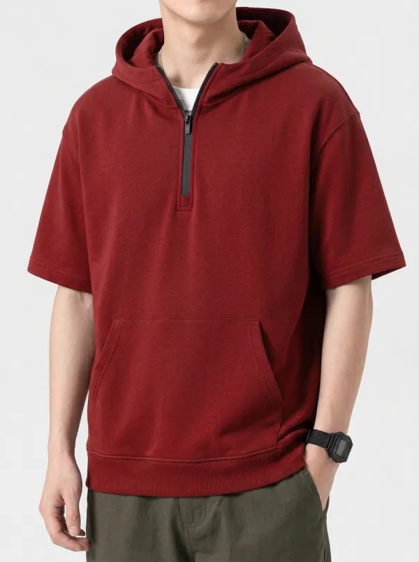 Casual Short Sleeve Quarter Zip Street Look Men's Hoodie