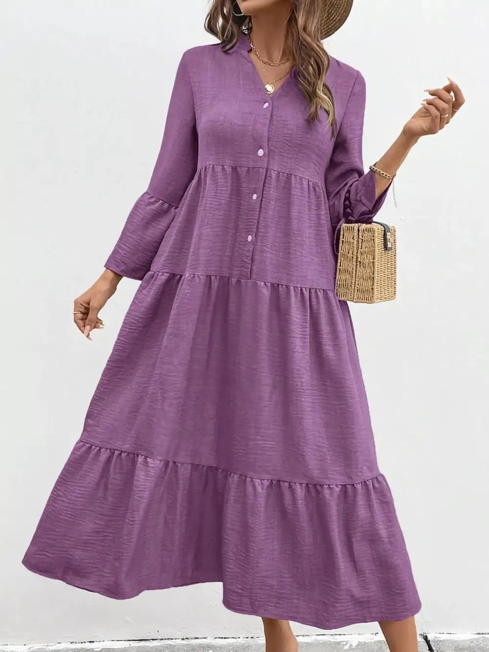 Button Front Ruffle Tiered Dress Casual