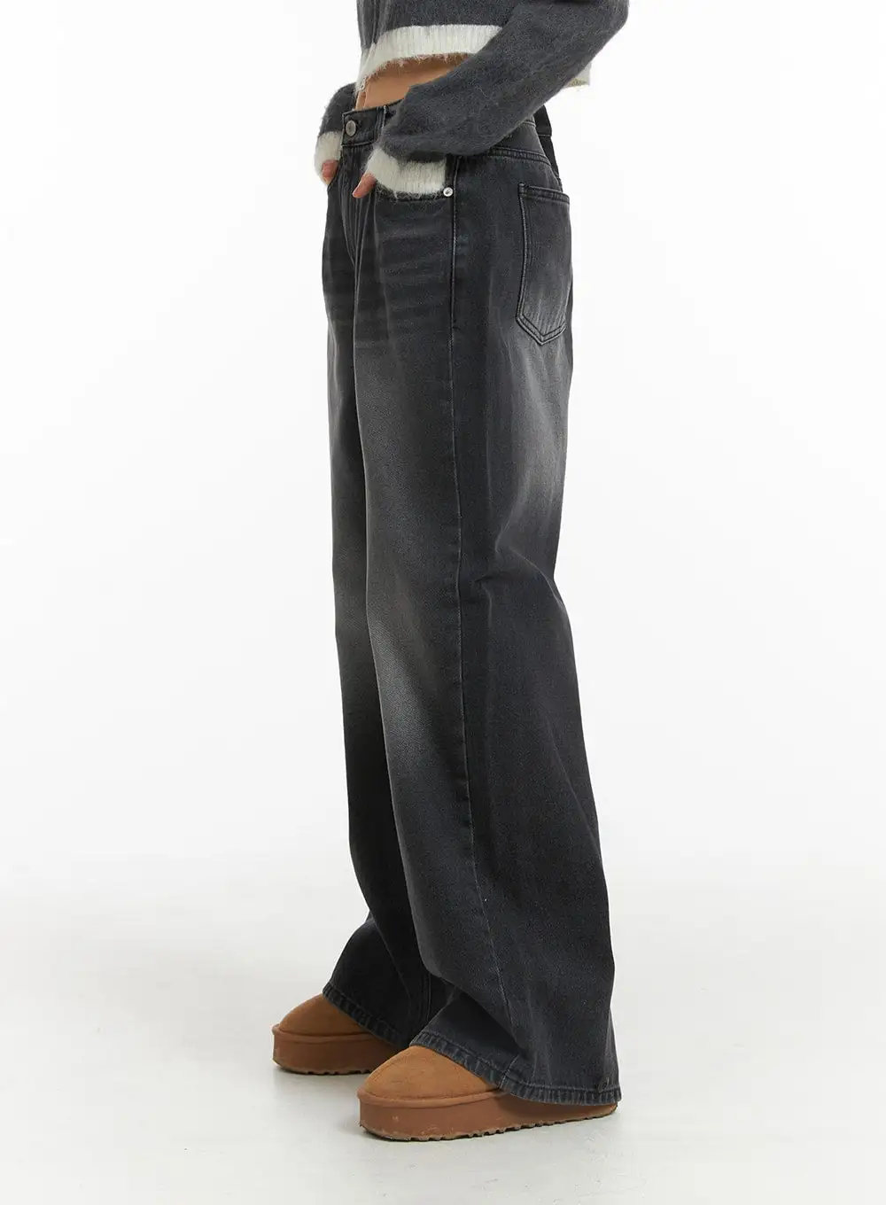 Denim Mid-Waist Pocket Wide Leg Jeans