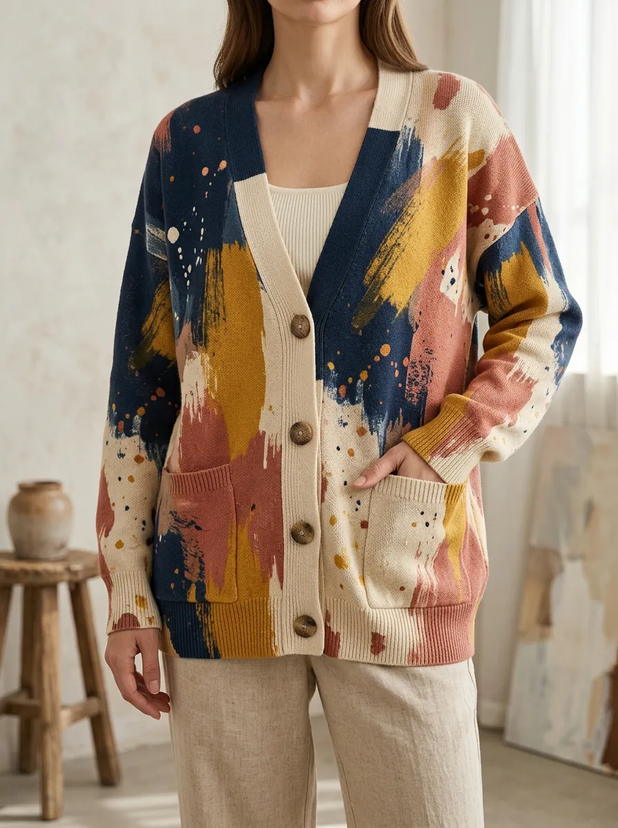 Women's Abstract Art Brushstroke Printed Hip Length Versatile Layering Cardigan