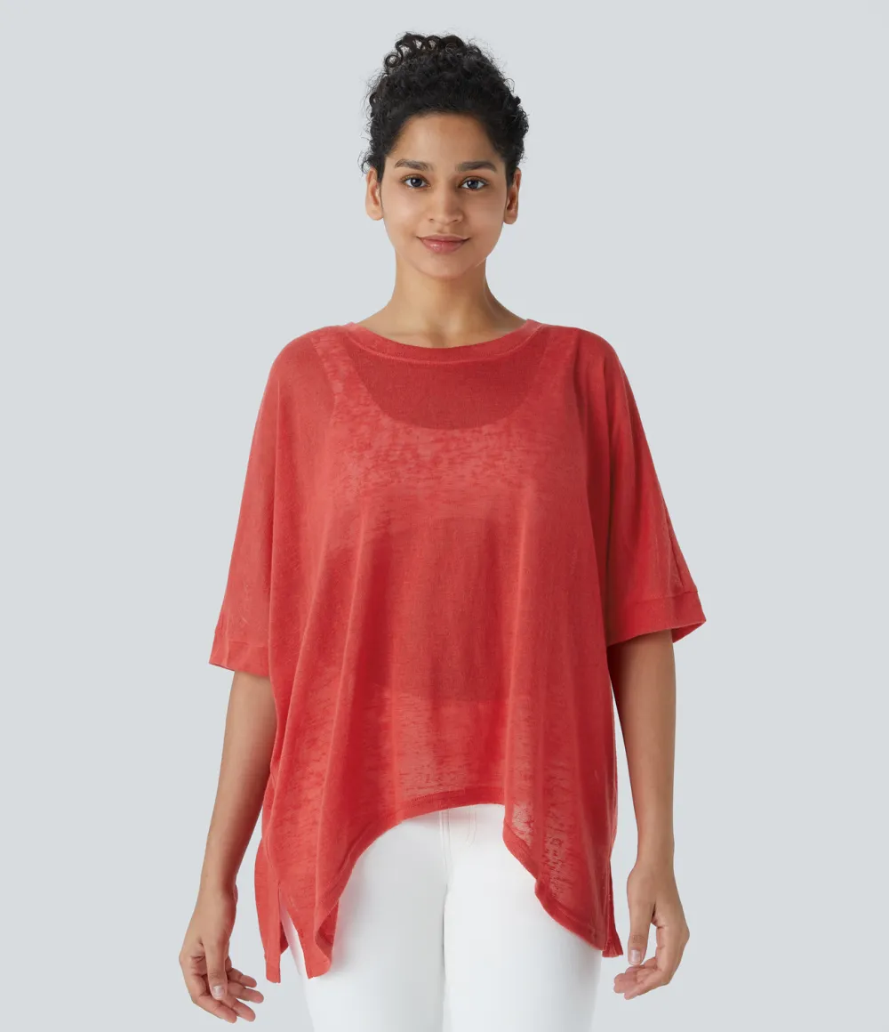 Asymmetric Split Hem Sheer Oversize Casual Top