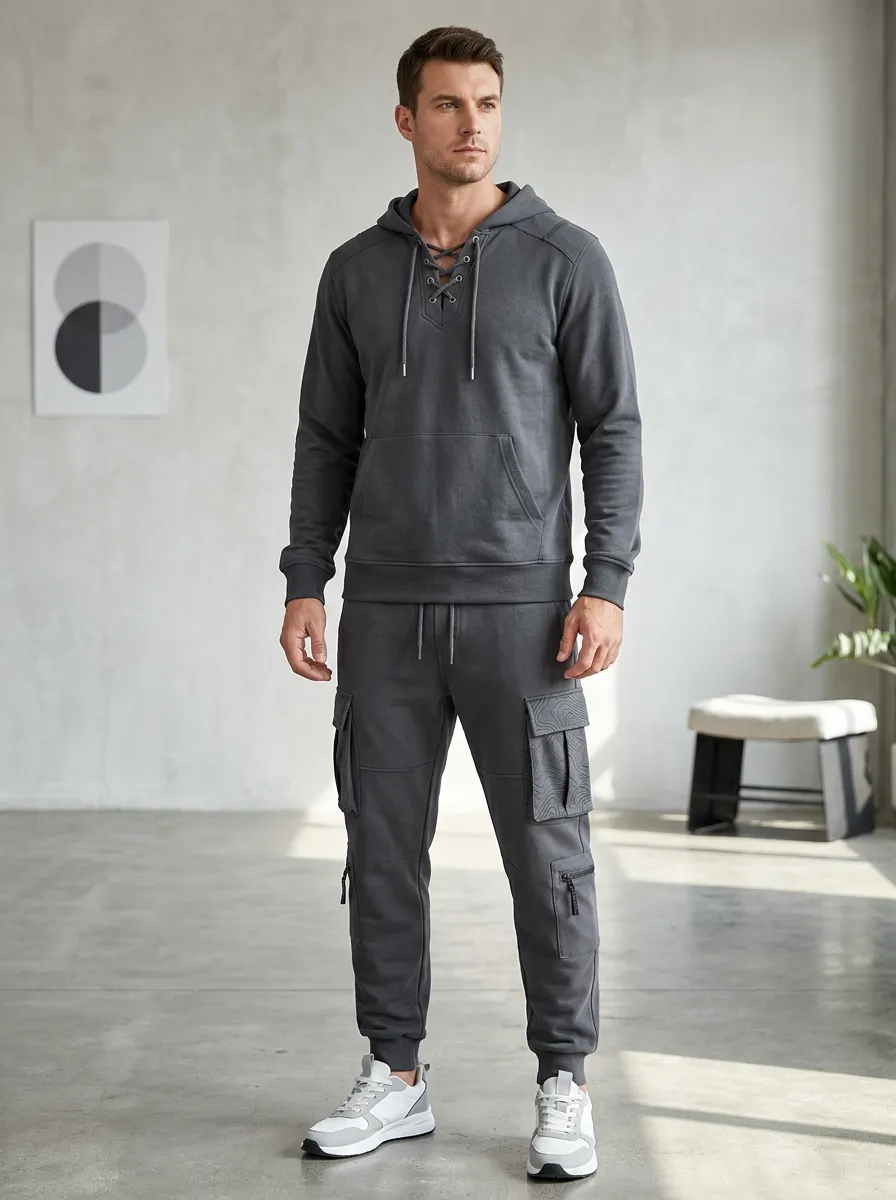 Core Lace-Up Topographic Utility Look Men's Lace Up Hoodie And Cargo Jogger Set